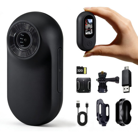 Camera Portable Miniature 32GB Carte Incluse, Léger 26g Mini Caméra Sport pour Vélo, Casque Moto et Ski, POV Camera Pieton avec 