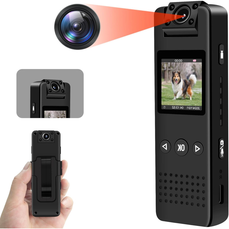 Mini Camera, 1080P HD & 120° Grand Angle Camera Pieton avec Objectif Rotatif 180°, Vision Nocturne Automatique & Détection de Mo