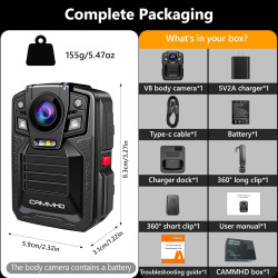 CAMMHD 4K Caméra Pieton V8-64G 4400mAh 2 Batteries Fonctionnant 14 Heures, 2160P Caméra Corporelle IP68 H.265 avec Enregistremen