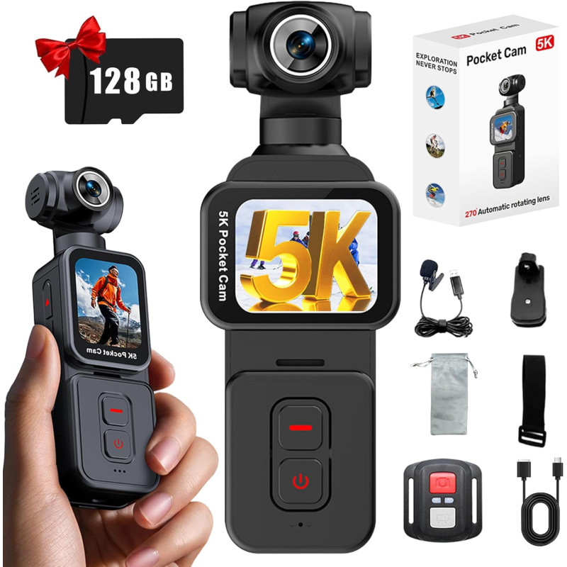 Générique Caméra d‘Action 5K, écran Tactile Rotatif de 1,69 Pouces, Objectif Grand Angle Rotatif 270° de Suivi Facial, Wi-FI, té