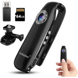 Meoilkolnm Mini caméra corporelle avec enregistrement vidéo audio 1080p 64 Go Portable POV Détection de mouvement Enregistreur v