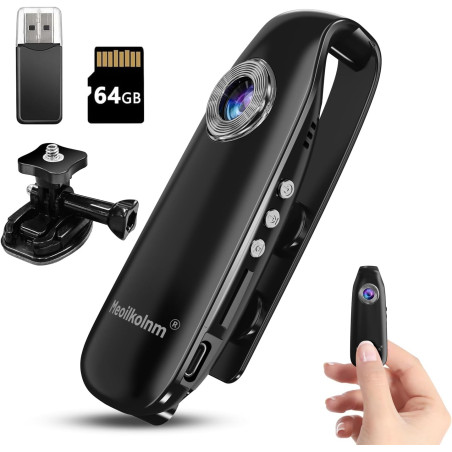 Meoilkolnm Mini caméra corporelle avec enregistrement vidéo audio 1080p 64 Go Portable POV Détection de mouvement Enregistreur v