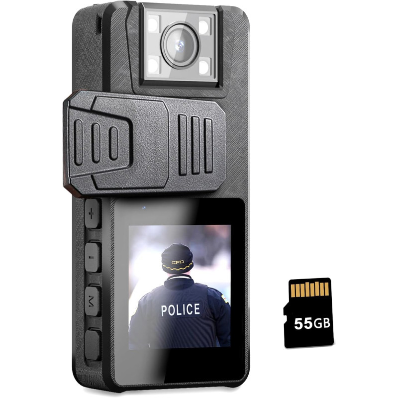 Caméra Corporelle avec Batterie 3000mAh, Caméra de Corps 55GB avec Objectif Rotatif 180° et 2 Clips Robustes