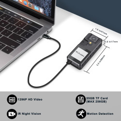 Caméra Corporelle avec Batterie 3000mAh, Caméra de Corps 55GB avec Objectif Rotatif 180° et 2 Clips Robustes