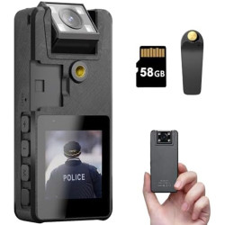 Caméra Corporelle avec Batterie 3000mAh, Caméra de Corps 55GB avec Objectif Rotatif 180° et 2 Clips Robustes