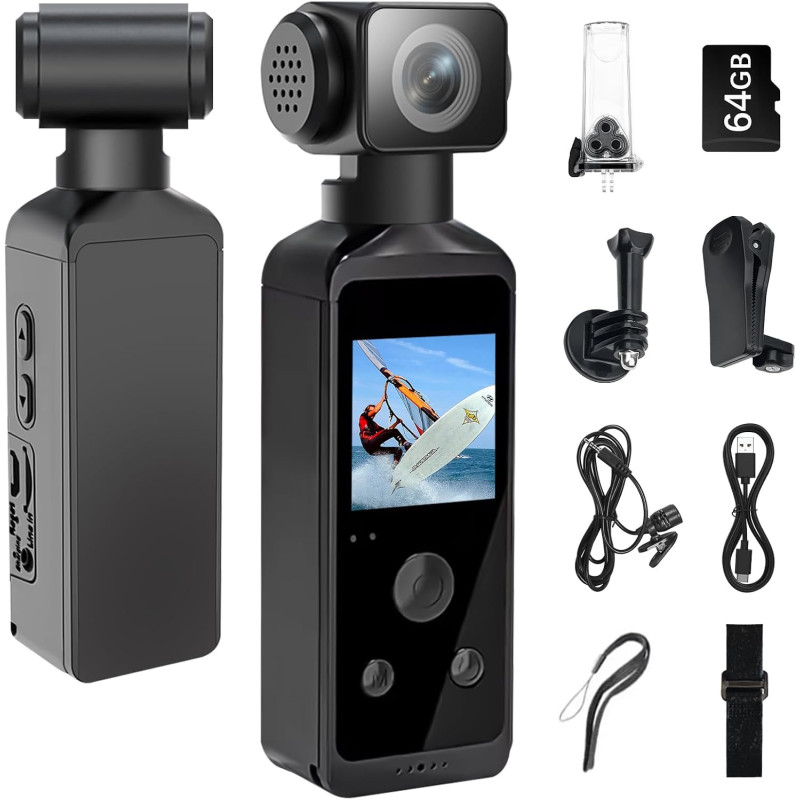 Caméra corporelle HD 5K avec audio et vidéo, caméra d'action sport avec objectif rotatif à 270°, caméra de vlogging pour voyage,