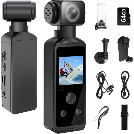 Caméra corporelle HD 5K avec audio et vidéo, caméra d'action sport avec objectif rotatif à 270°, caméra de vlogging pour voyage,