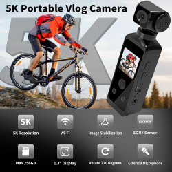 Caméra corporelle HD 5K avec audio et vidéo, caméra d'action sport avec objectif rotatif à 270°, caméra de vlogging pour voyage,