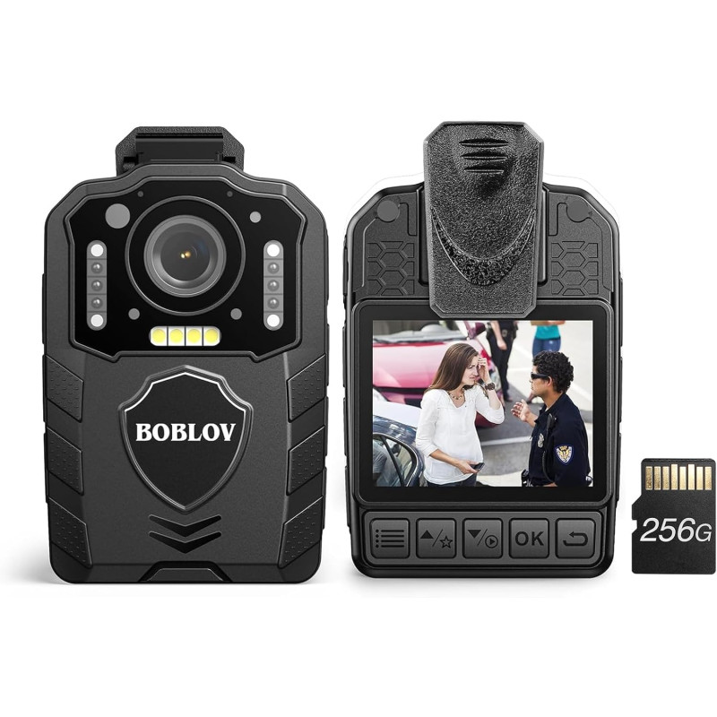 BOBLOV Caméra corporelle KJ25 1080P 256 Go, Batterie intégrée de 3000 mAh pour 13 Heures d'enregistrement vidéo avec Audio, Visi