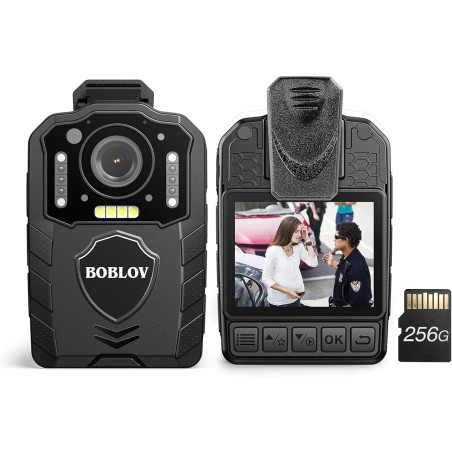 BOBLOV Caméra corporelle KJ25 1080P 256 Go, Batterie intégrée de 3000 mAh pour 13 Heures d'enregistrement vidéo avec Audio, Visi
