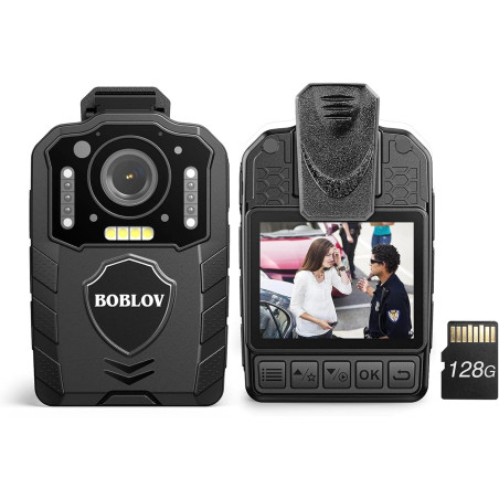 BOBLOV Caméra corporelle KJ25 1080P 128 Go, Batterie intégrée de 3000 mAh pour 13 Heures d'enregistrement vidéo avec Audio, Visi