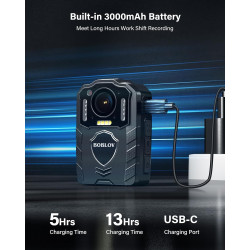BOBLOV Caméra corporelle KJ25 1080P 128 Go, Batterie intégrée de 3000 mAh pour 13 Heures d'enregistrement vidéo avec Audio, Visi