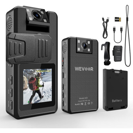 Caméra de Corps 1296P 32G, 4260mAh 20H Caméra Corporelle Video avec Audio, Objectif Rotatif à 180 Mini Pocket Boycam Police Port