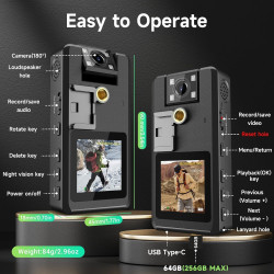 Caméra de Corps 1296P 32G, 4260mAh 20H Caméra Corporelle Video avec Audio, Objectif Rotatif à 180 Mini Pocket Boycam Police Port