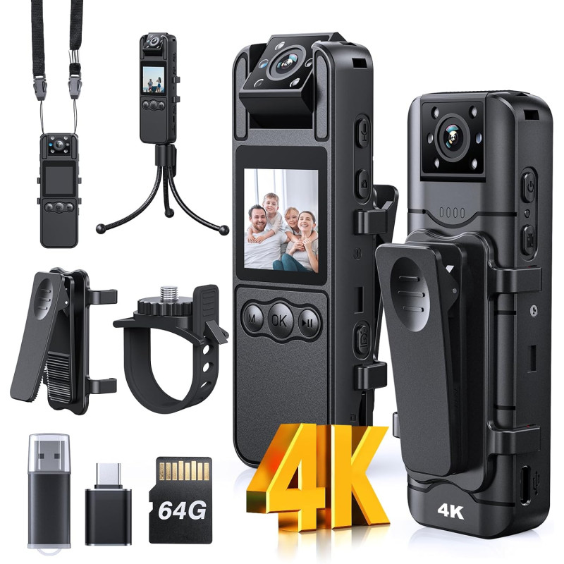 BOBLOV A26 Mini caméra corporelle 4K 64 go, Objectif Rotatif, Petites caméras corporelles avec Vision Nocturne, Enregistrement v