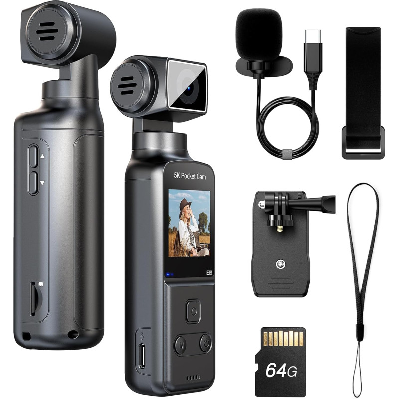 BOBLOV 5K W5 64 Go Caméra corporelle, avec Microphone Externe, Objectif Rotatif à 270 °, Bodycam EIS pour vlogging, réunion