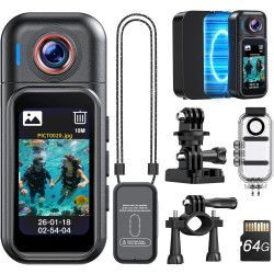 BOBLOV W3 Mini caméra étanche portable 64G avec écran tactile intelligent, 7 heures d'enregistrement avec station de charge, cli