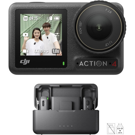 DJI Osmo Action 4 + Mic (2 TX+1 RX+Boîtier de recharge) - Caméra de vlogging avec capteur 1/1,3 pouce, HorizonSteady 360º, Mic a