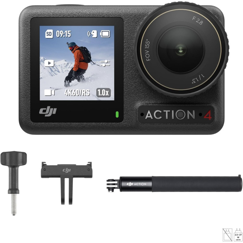 Bundle DJI Osmo Action 4 Ski - Idéal pour skieurs + kit de barre d’extension 1,5 m, petite cam. 4K/120 ips et FOV ultra large 15