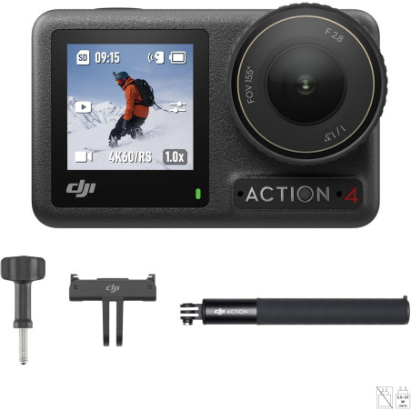 Bundle DJI Osmo Action 4 Ski - Idéal pour skieurs + kit de barre d’extension 1,5 m, petite cam. 4K/120 ips et FOV ultra large 15