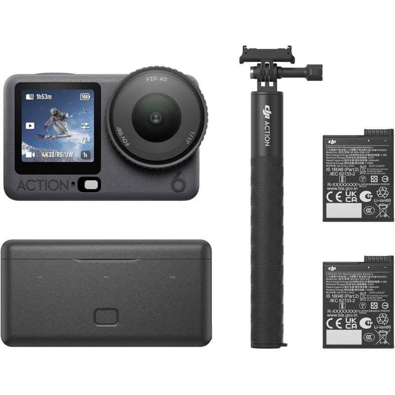DJI Bundle Optimisé Osmo Action 6, caméra d’Action avec capteur carré 1/1,1″, Ouverture Variable, autonomie de la Batterie prolo