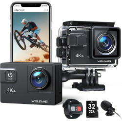 WOLFANG GA300 Caméra Action 4K, Étanche 40m avec Carte Mémoire 32 Go, WiFi 60FPS 24MP, Zoom 8X + Grand Angle 170° EIS, Télécomma