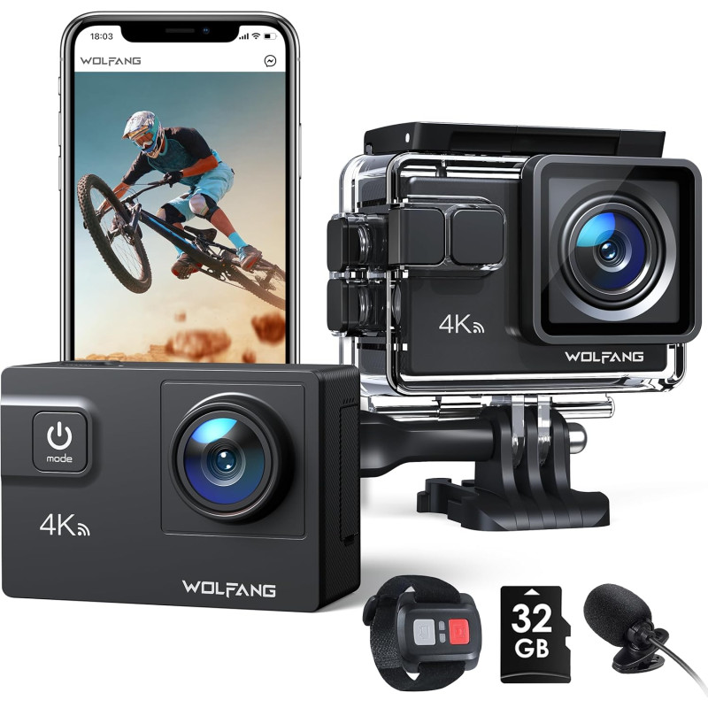 WOLFANG GA300 Caméra Action 4K, Étanche 40m avec Carte Mémoire 32 Go, WiFi 60FPS 24MP, Zoom 8X + Grand Angle 170° EIS, Télécomma