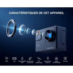 WOLFANG GA300 Caméra Action 4K, Étanche 40m avec Carte Mémoire 32 Go, WiFi 60FPS 24MP, Zoom 8X + Grand Angle 170° EIS, Télécomma