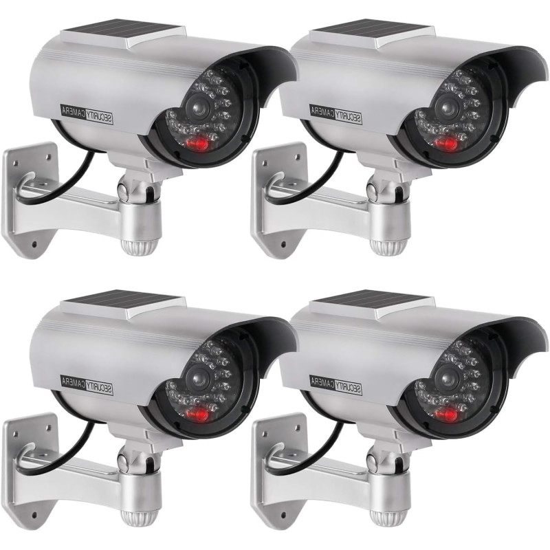ERWEY 4Pcs Caméra Factice Intérieur Extérieur Solaire, Étanche, Fausse Caméra de Surveillance CCTV avec Lumière LED Rouge Cligno