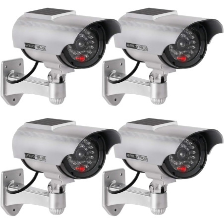 ERWEY 4Pcs Caméra Factice Intérieur Extérieur Solaire, Étanche, Fausse Caméra de Surveillance CCTV avec Lumière LED Rouge Cligno