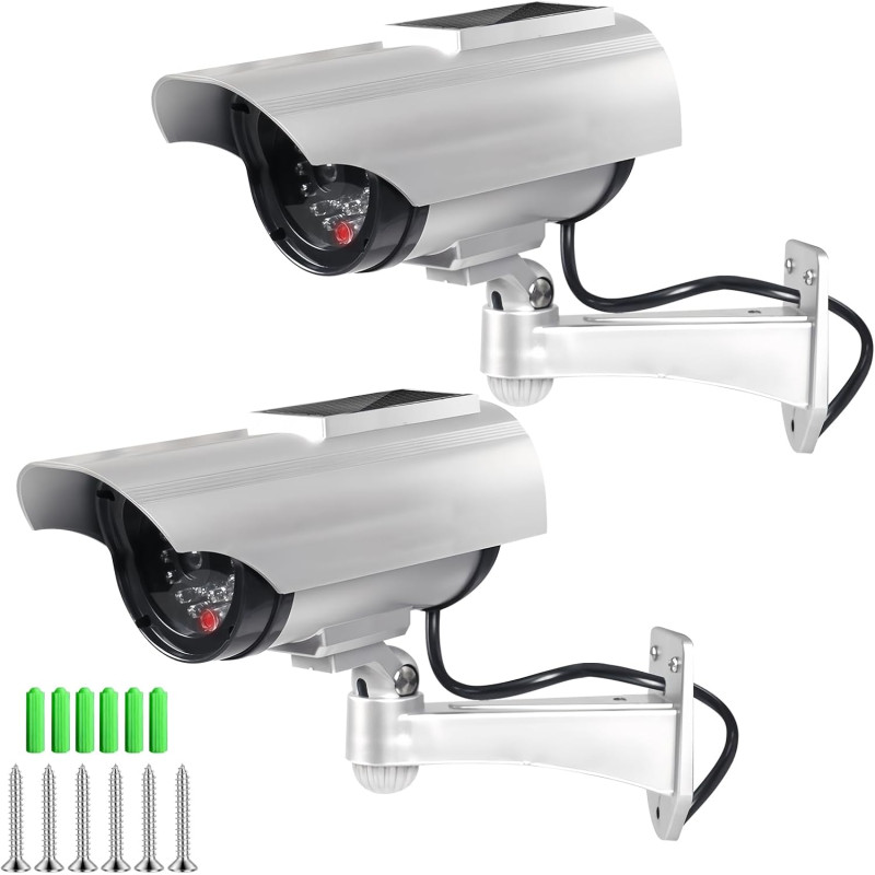 Lot de 2 caméras factices solaires, caméra de surveillance factice avec lumière LED clignotante, caméra de sécurité CCTV, caméra