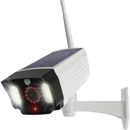 Justop - Caméra de vidéosurveillance factice, alimentée par panneau solaire, avec projecteurs de sécurité LED et détecteur de mo