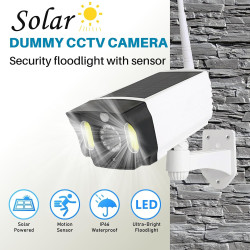 Justop - Caméra de vidéosurveillance factice, alimentée par panneau solaire, avec projecteurs de sécurité LED et détecteur de mo