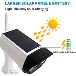 Justop - Caméra de vidéosurveillance factice, alimentée par panneau solaire, avec projecteurs de sécurité LED et détecteur de mo