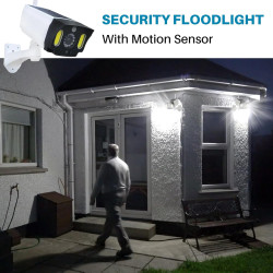 Justop - Caméra de vidéosurveillance factice, alimentée par panneau solaire, avec projecteurs de sécurité LED et détecteur de mo