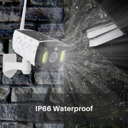 Justop - Caméra de vidéosurveillance factice, alimentée par panneau solaire, avec projecteurs de sécurité LED et détecteur de mo