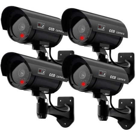 ERWEY Lot de 4 Caméras Factices pour Extérieur & Intérieur, Fausse Caméra de Surveillance CCTV avec LED Clignotante (4Pcs Noir)