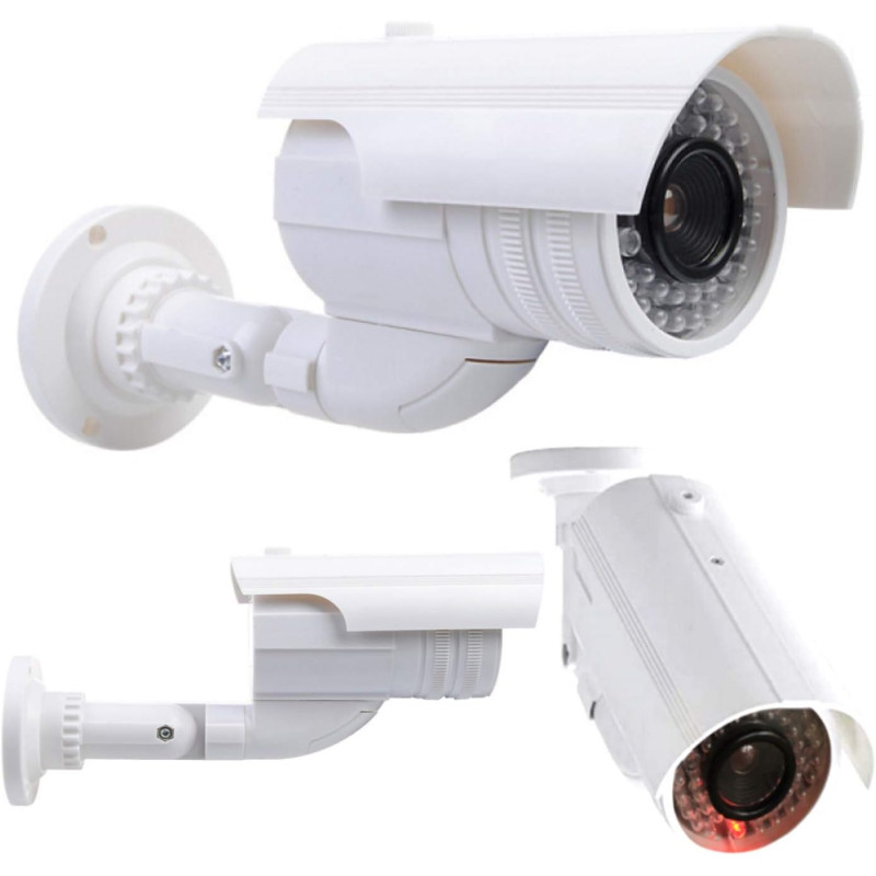 Caméra de surveillance factice avec LED clignotante dans un boîtier protégé contre les intempéries, fausse caméra de sécurité CC