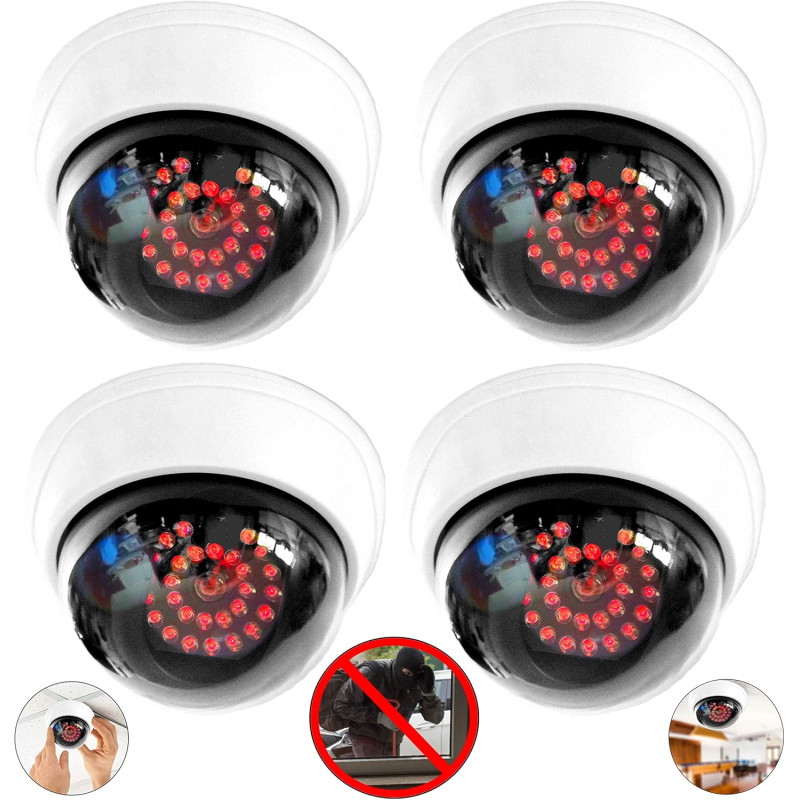Lot de 4 caméras factice avec 25 LED rouges avec objectif - Fausse caméra de surveillance pour l'intérieur et l'extérieur