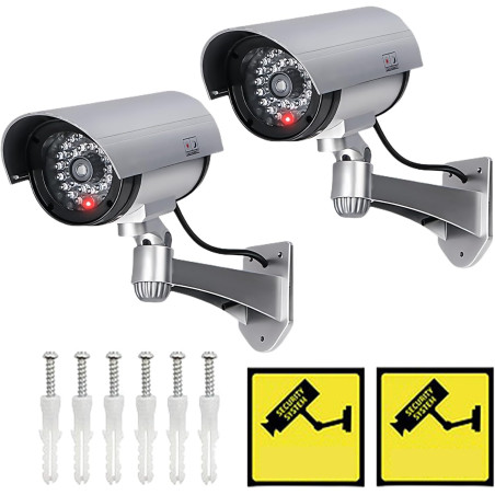 2pcs Caméra Factice, Caméras Factices, Camera Exterieur Caméra De Surveillance avec LED Clignotant Lumière Rouge, Autocollants D
