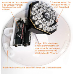 O&W Security Caméra dôme factice - Caméra de surveillance factice avec objectif & 25 LED infrarouges rouges (capteur photo), éta