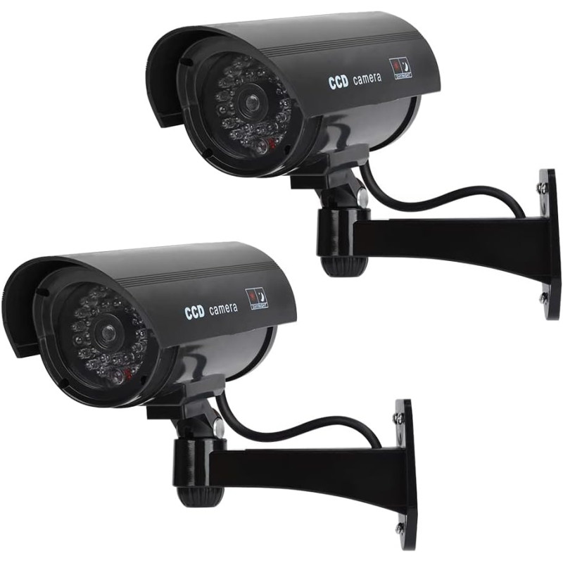 2 Camera Factice Exterieur avec LED, Noir Fausse Camera Surveillance Exterieur, Caméra Factice Extérieur, Camera de Surveillance