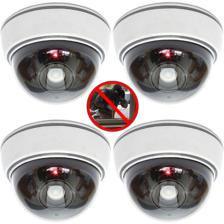 O&W Security Lot de 4 caméras dôme factices Objectif + LED Clignotante, 25 LED IR (Effet visuel), étanches, Ø 9,5 cm/H 6,8 cm, i