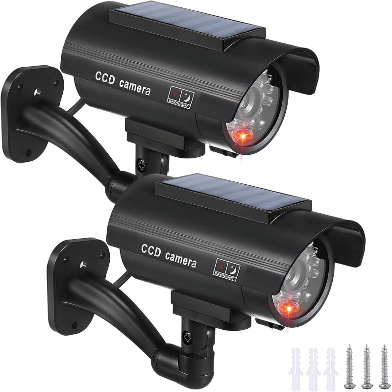 BORDEAG Lot de 2 Camera Factice Exterieur, 135 X 60mm Camera Factice, Caméra Fausse Solaire, Fausse Camera Surveillance Exterieu
