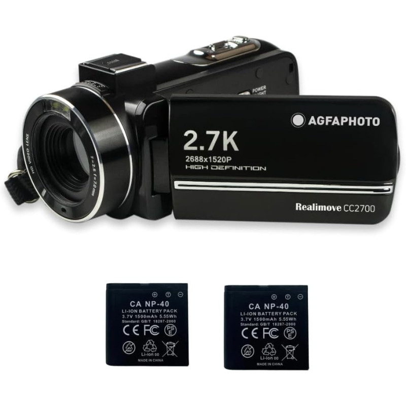 AgfaPhoto Realimove CC2700 – Caméscope Numérique, 2.7K, 24MP, Écran Tactile 3'', Zoom 18X, Télécommande, 2 Batteries Lithium - N