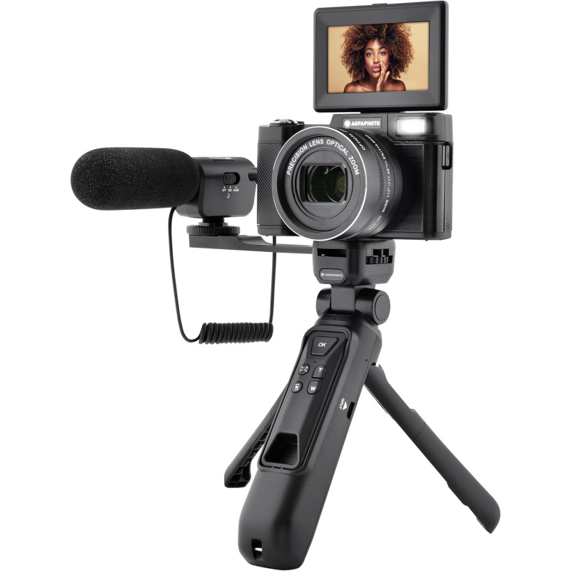 AgfaPhoto Kit Vlogging Tout-en-Un - Caméra VLG-4K Optical, Zoom Optique 5X, Trépied Powerbank, Télécommande, Microphone, Carte M