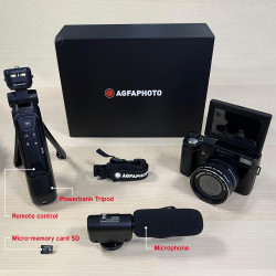 AgfaPhoto Kit Vlogging Tout-en-Un - Caméra VLG-4K Optical, Zoom Optique 5X, Trépied Powerbank, Télécommande, Microphone, Carte M