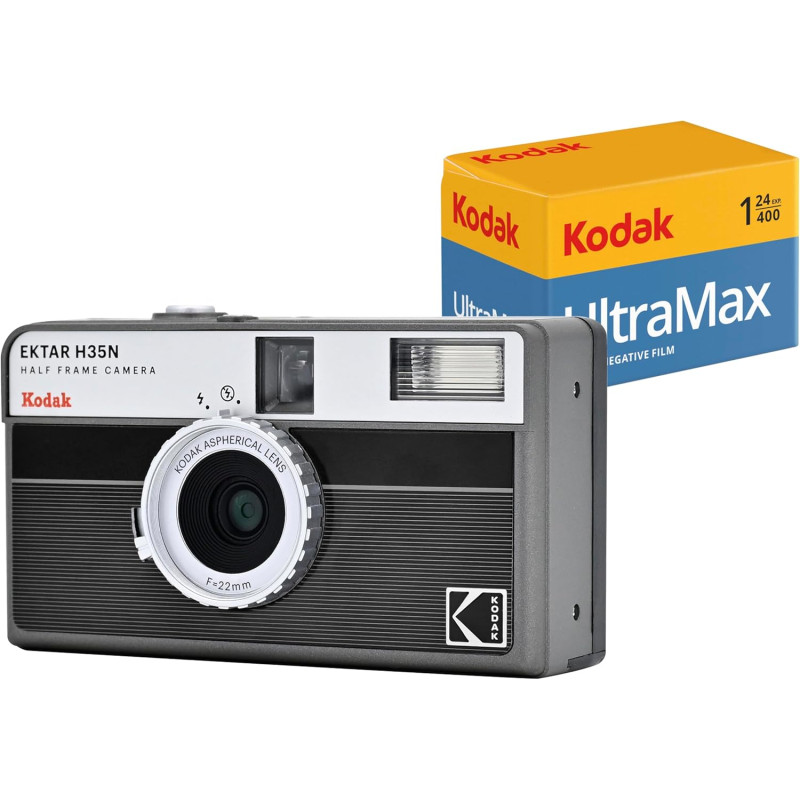 Kodak EKTAR H35N Pack Appareil Photo Demi-Cadre avec Film Kodak Ultramax 400/24EXP 35 mm (Rayures Noires)