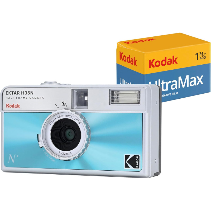 Kodak EKTAR H35N - Pack Appareil Photo Demi-Cadre avec Film Kodak Ultramax 400/24EXP 35 mm (Bleu émaillé)