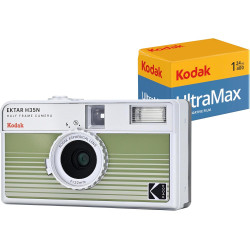 Kodak EKTAR H35N Pack Appareil Photo Demi-Cadre avec Film Kodak Ultramax 400/24EXP 35 mm (Rayures Vertes)
